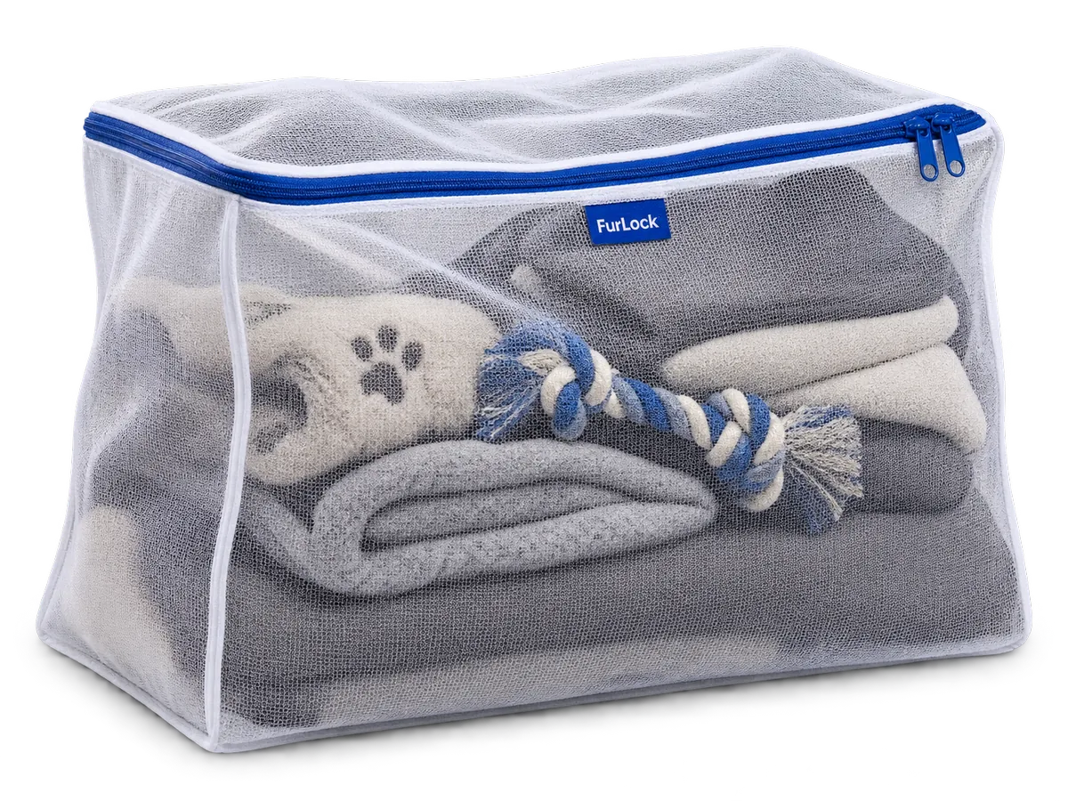 Working concept render of a large gusseted mesh laundry bag holding folded pet textiles
